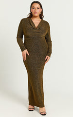 Paisley Midi Dress - Plunge Cowl Neck Long Sleeve Glitter Jersey Dress in Gold