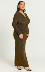 Paisley Midi Dress - Plunge Cowl Neck Long Sleeve Glitter Jersey Dress in Gold