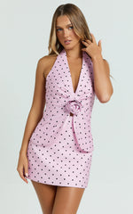 Cynthia Top - Halter Neck Tuck Detail Polka Dot Print Vest in Fondant Pink Polka Dot