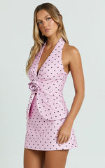 Cynthia Top - Halter Neck Tuck Detail Polka Dot Print Vest in Fondant Pink Polka Dot
