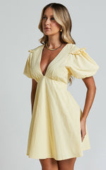Dayana Mini Dress - V Neck Empire Waist Smock Dress in Lemon