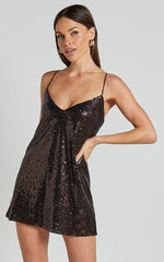 Delilaah Mini Dress - Strappy V Neck Slip Sequin Dress in Chocolate Sequins