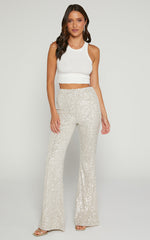 Deliza Pants - Mid Waisted Sequin Flare Pants in Champagne