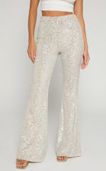 Deliza Pants - Mid Waisted Sequin Flare Pants in Champagne