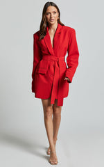 Denali Mini Dress - Tie Waist Blazer Dress in Ruby Red