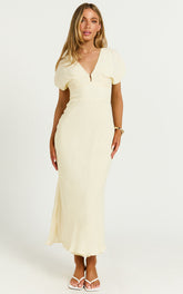 Desiree Midi Dress - V Neck Flutter Short Sleeve Slip Dress in Lemon
