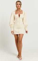 Desiree Mini Dress - Long Sleeve Zip Front Dress in Natural