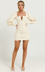 Desiree Mini Dress - Long Sleeve Zip Front Dress in Natural
