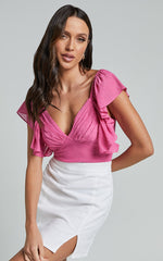Devina Top - V Neck Flutter Sleeve Top in Pink