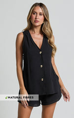 Devon Two Piece Set - Open Side Detail Top & Short Linen Set in Black