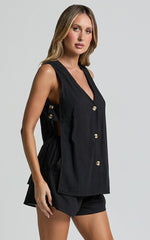 Devon Two Piece Set - Open Side Detail Top & Short Linen Set in Black