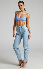 Dilyene Pants - Mid Waist Straight Leg Faux Leather Pants in Blue