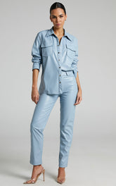 Dilyene Pants - Mid Waist Straight Leg Faux Leather Pants in Blue