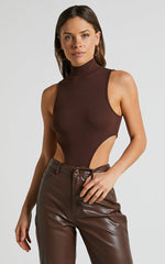 Nuala Bodysuit - High Neck Side Cut Out Bodysuit in Chocolate
