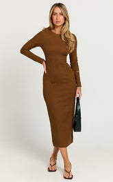 Divina Midi Dress - Long Sleeve A Line Knit Dress in Brown