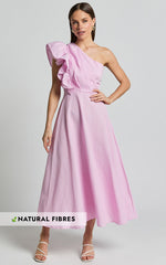 Dixie Midi Dress - Linen Look One Shoulder Ruffle Dress in Pink