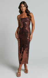 Dorice Midi Dress - Strappy Straight Neck Square Sequin Dress in Chocolate