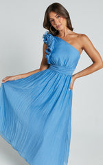 Dorothy Midi Dress - One Shoulder Frill Detail Fit and Flare Dress in Sky Blue