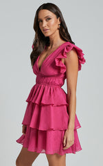 Elbertine Mini Dress - Flutter Sleeve Pleated Dress in Hot Pink