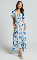 Eleanor Midi Dress - V Neck Short Puff Sleeve Dress in Blue Print
