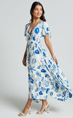 Eleanor Midi Dress - V Neck Short Puff Sleeve Dress in Blue Print