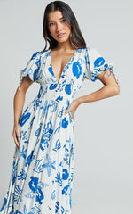 Eleanor Midi Dress - V Neck Short Puff Sleeve Dress in Blue Print
