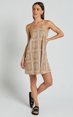 Elia Mini Linen Blend Dress - Straight Neck Sleeveless Slip Dress in Tan/White