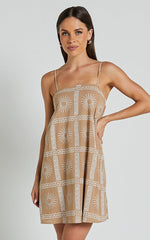 Elia Mini Linen Blend Dress - Straight Neck Sleeveless Slip Dress in Tan/White