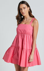 Eliana Mini Dress - Square Neck Tiered Smock Dress in Berry