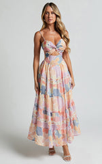 Elizabeth Maxi Dress - Tie Strap Cut Out Front Tiered Dress in Print