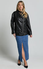 Ellery Faux Leather Jacket - Faux Leather Longline Belted Biker Jacket in Black