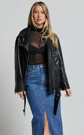 Ellery Faux Leather Jacket - Faux Leather Longline Belted Biker Jacket in Black