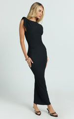 Elsa Midi Dress - Knot Shoulder Sleeveless Detail Dress in Black