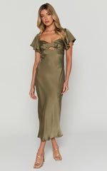 Emberlynn Midi Dress - Flutter Sleeve Cut Out Satin Dress in Dark Olive