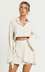 Emmy Two Piece Set - Linen Relaxed Crop Shirt and Wrap Skirt in Oat