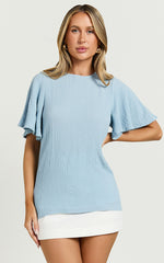 Enzo Top - Flutter Sleeve Scoop Neck Top in Blue