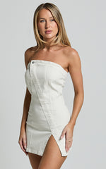 Erline Mini Dress - Asymmetric Strapless Denim Dress in Ecru