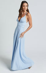Esther Midi Dress - Plunge Backless Thigh Split Dress in Light Blue
