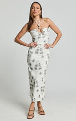 Evaline Midi Dress - Halter Neck Cut Out Front Slip Dress in Black and White Floral