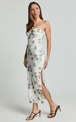 Evaline Midi Dress - Halter Neck Cut Out Front Slip Dress in Black and White Floral