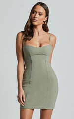 Evie Mini Dress - Adjustable Sleeve Cup Bust Shift Dress in Olive