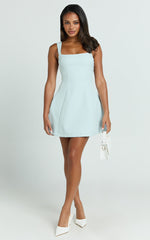 Fhella Mini Dress - Straight Neck Dress in Blue