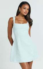 Fhella Mini Dress - Straight Neck Dress in Blue