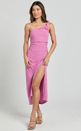 Finley Midi Linen Dress - Linen Feel One Shoulder Ruched Dress in Orchid