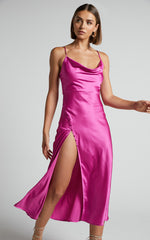 Flordeliza Midi Dress - Cowl Neck Thigh Slit Slip Dress in Pink