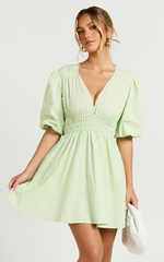 Francesca V Neck Puff Sleeves Mini Dress in Green