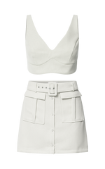 Sarah Two Piece Set - V Neck Crop Top and Belted Utility Mini Skirt in Cream