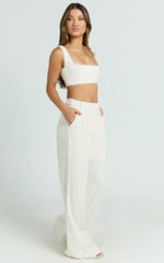 Gaia Two Piece Set - Linen Look Square Neck Crop Top and High Waist Pants Set in Stone