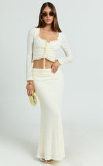 Gelyn Two Piece Set - Lace Ruffle Detail Long Sleeve Top and Maxi Skirt Set in Cream