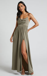 Gemalyn Maxi Dress - Cowl Neck Thigh Split Dress in Olive